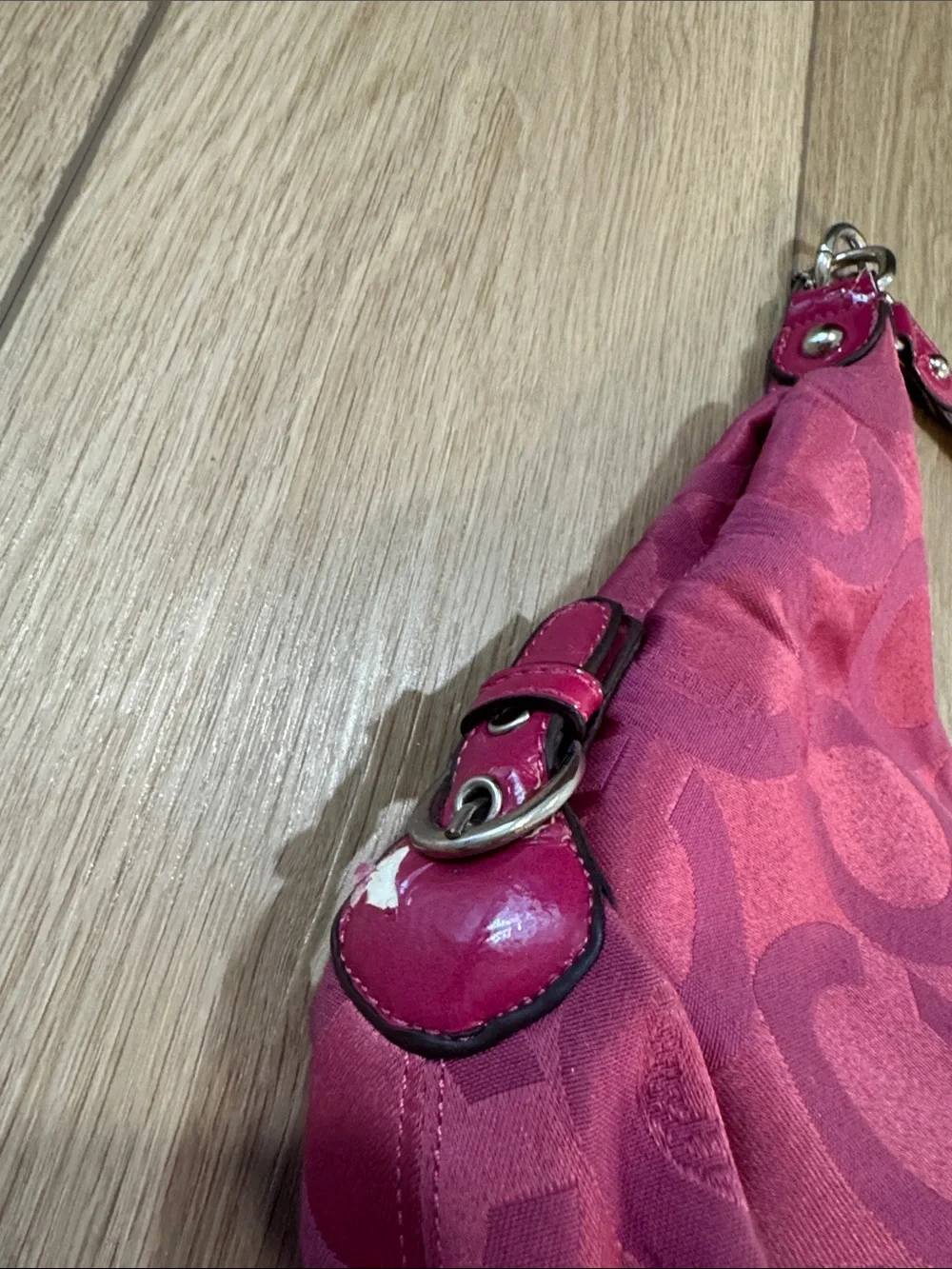 COACH Y2K Distressed Madison Signature Optic Pink Satin Shoulder Hand Bag